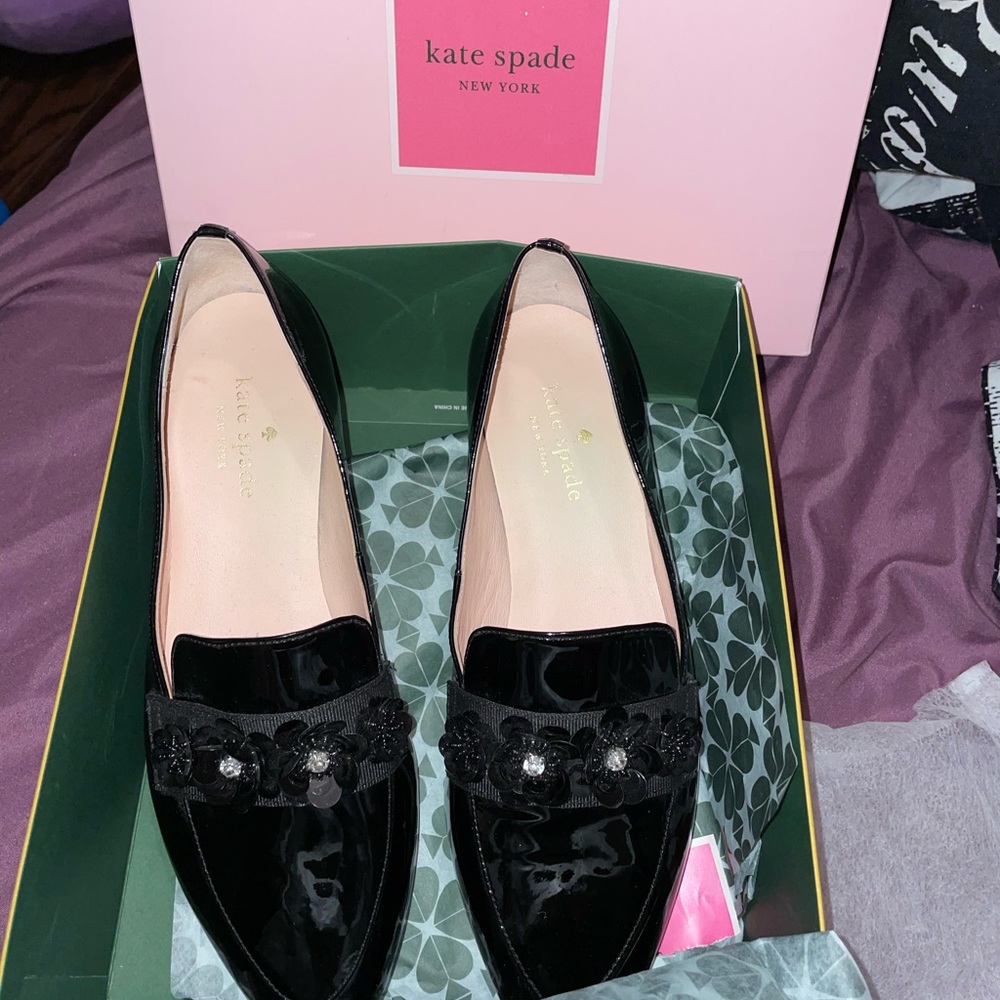 Kate Spade Black Flats with Floral Embellishment